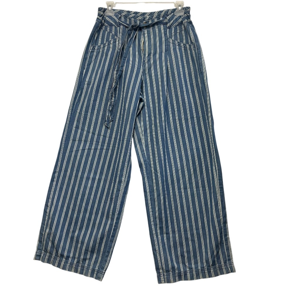 American Eagle Women's Striped Wide Leg Pants with Tie Belt High Waist Size 6